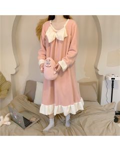 Winter Cute Plush Bow One-piece Long Pajamas