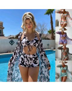 3pcs Pring Bikini With Long Sleeve Cardigan Fashion Summer Beach Swimsuit Women