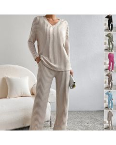 Fashion Solid Striped Suit V-neck Long-sleeved Top And Casual Straight Pants Loose Temperament Women's Clothing