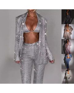 3pcs Shiny Long-sleeved Suit With Bra Lapel Blazer And Straight-leg Trousers Fashion Party Jacket Set For Women Clothing