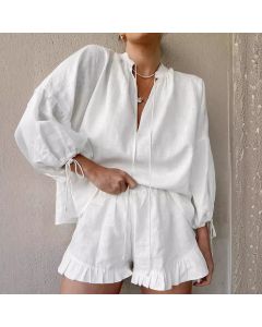 Lace-up Suits Loose V-neck Lantern Sleeve Top And Ruffles Shorts Solid Two-piece Set Womens Clothing