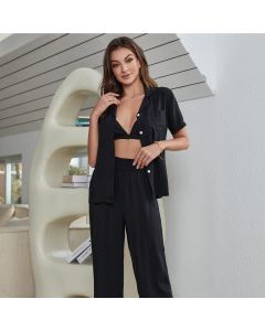 Women's Short-sleeved Cardigan Homewear Pajamas Three-piece Set