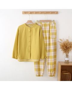 Color Woven Double Gauze Couple Cotton Pajamas Set Day Round Collar Long Sleeve Four Seasons Thin Men And Women Home