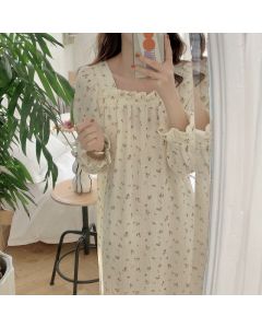 Printed Square Neck Cotton Yarn Long Sleeve New Closed Arm French Nightdress