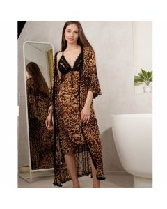 European And American Leopard Print Sling Nightdress Nightgown Set Home Casual Bathrobe