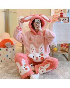 Women's Thickened Flannel Pajamas Hooded Loungewear Set