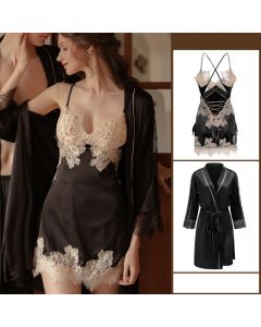 Sexy Pajamas Women Summer Ice Silk Thin Lace Suspenders Nightdress Suit Flirting Temptation