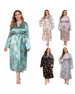 Long Robes For Women Flower Print Bathrobe V-neck Silk Sleepwear