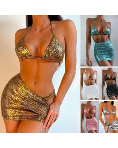Women's 3 Piece Bathing Suits Halter Snake Pattern Bikini Set With Cover Up Skirt Summer Swimsuit