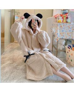 Cute Cartoon Hooded Lamb Wool Mid-length Nightgown