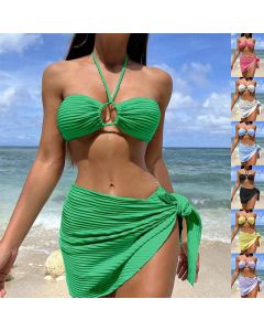 3pcs Solid Color Stripe Swimsuit Sexy Summer Beach Bikini Set Womens Clothing