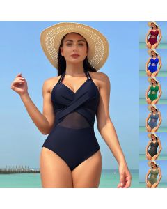 Halter-neck One-piece Swimsuit Summer Solid Color Cross-strap Design Mesh Bikini Beach Vacation Womens Clothing