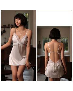 Sexy Pajamas Women'S Deep V Stitching Lace Cross Halter Suspender Nightdress Set