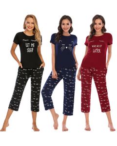 Women's Cartoon Print Pajamas Short-sleeved Cropped Two-piece Suit