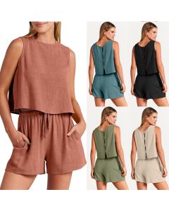 Women's Set Summer Sleeveless Tops And Drawstring Shorts Fashion Suit 2pcs
