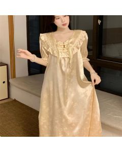 Chinese Jacquard Satin Sweet And Loose Buckle Short-sleeved Nightdress