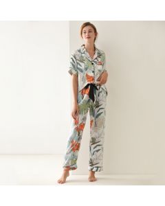 Pajamas leaf print summer short-sleeved silk pajamas with lace