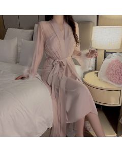 Drawstring U Collar With Chest Pad Slip Nightdress Mesh Outerwear Gown Homewear Suit