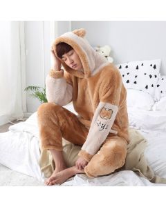 Two Pajamas Female Couple Coral Fleece Plus Velvet Suit Thickened Flannel Cartoon Hooded Home Service