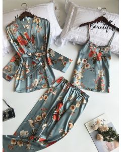 Printed Long Sleeve Imitation Silk Homewear