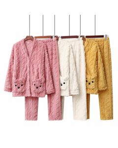 Men And Women Couple Thick Pajamas Cardigan Plus Velvet Warm Coral