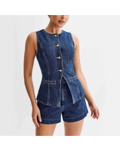 Fashion Denim Suit Summer Casual Sleeveless Button Vest Top And High Waist Shorts Set For Womens Clothing