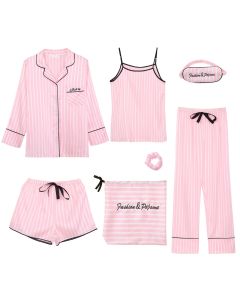 Spring and Autumn Summer Seven-piece Long Sleeve Shorts Sling Striped Ice Silk Homewear Set