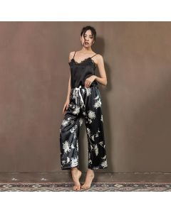 Two-piece Fashion Printed Pajama Suspenders, Imitation Silk Wide-leg Pants, Comfortable Casual Home Pants Cover