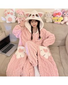 Coral Velvet Night-Robe Fleece-lined Long Section Cartoon Flannel Home Wear