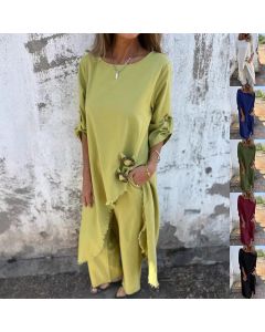 Loose Irregular Long Suit With Metal Button Design Round Neck Long-sleeved Top And Straight Trousers Fashion Wide-leg Pants Women's Clothing
