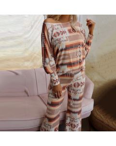 Leopard Rhombus Home Wear Long Sleeve Top Trousers 2-piece Set