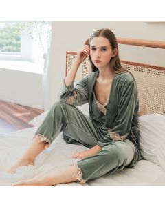 Gold Velvet Pajamas Women's Products Sexy Sling Nightgown Three-piece