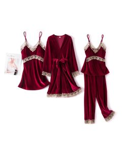 Sexy sling velvet 4-piece long-sleeved nightgown with chest pad home service women