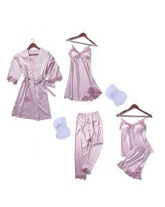 Imitation Silk Pajamas With Chest Pad Hanging Skirt Flower Nightgown Embroidery Short Hanging Nine-Point Trousers Six-Piece Suit