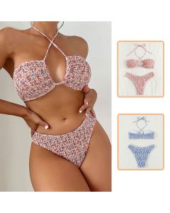 Summer Flowers Print Pleated Design Bikini Set Beach Fashion Halter Neck Swimsuit Womens Clothing