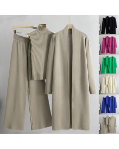 3pcs Suits Women Fashion Knitting Sleeveless Vest Sweater Long Cardigan And Wide-leg Pants Three-piece Set