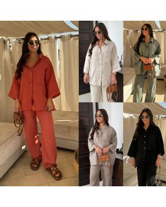 Casual Polyester Pocket Shirt Pants Suitable For Women's Wide Leg Pants, Long Sleeved Shirt Set, Women's Loose High Street Two-piece Set