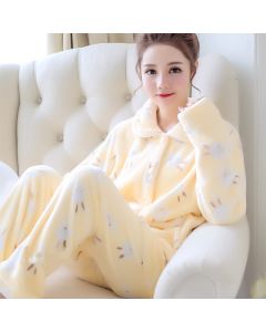 Autumn And Winter Fleece-lined Thickened Sweet Cardigan Flannel Homewear Pajamas