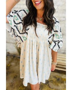Sky Blue Geometric Print Pleated Square Neck Loose Mini Dress