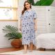 Spring And Summer Plus Size Women's Dress Short Sleeve Lace Stitching Collar Printed Homewear Nightdress