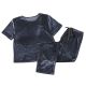 Blue Gold Velvet Short-sleeved Pajamas Suit Women's Collarless Simple Trousers Home Service