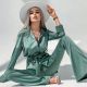 Satin Imitation Silk Green Flared Sleeve Long-sleeved Trousers Suit