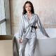 Women's Spring And Autumn Ice Silk Long-sleeved V-neck Casual Strappy Pajamas Set