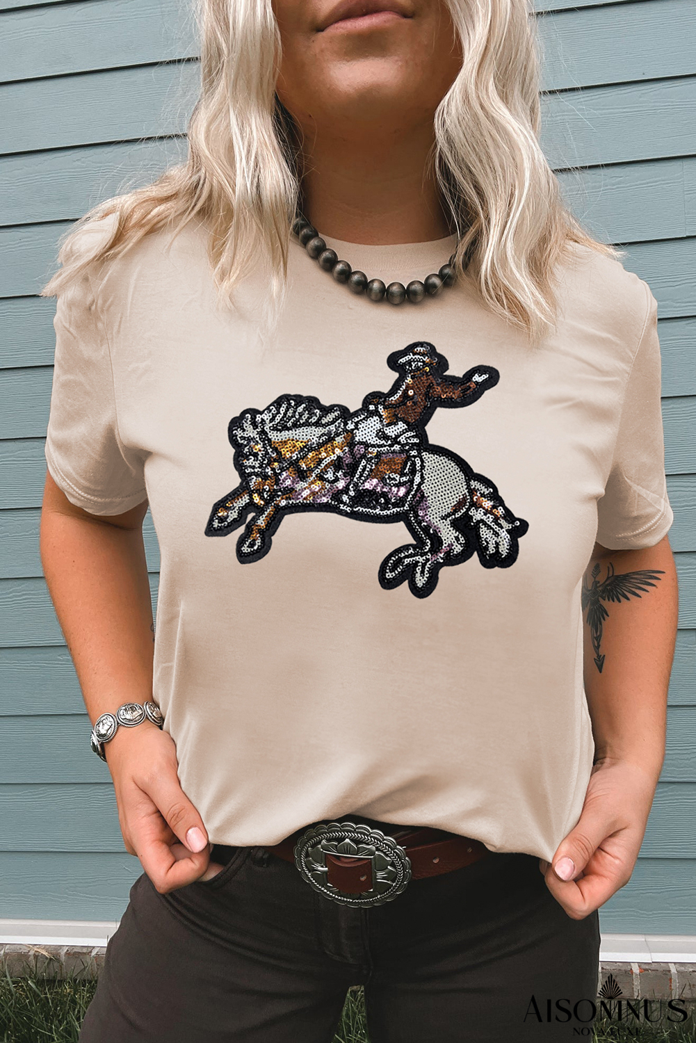 Khaki Sequin Rodeo Graphic Crewneck Tee