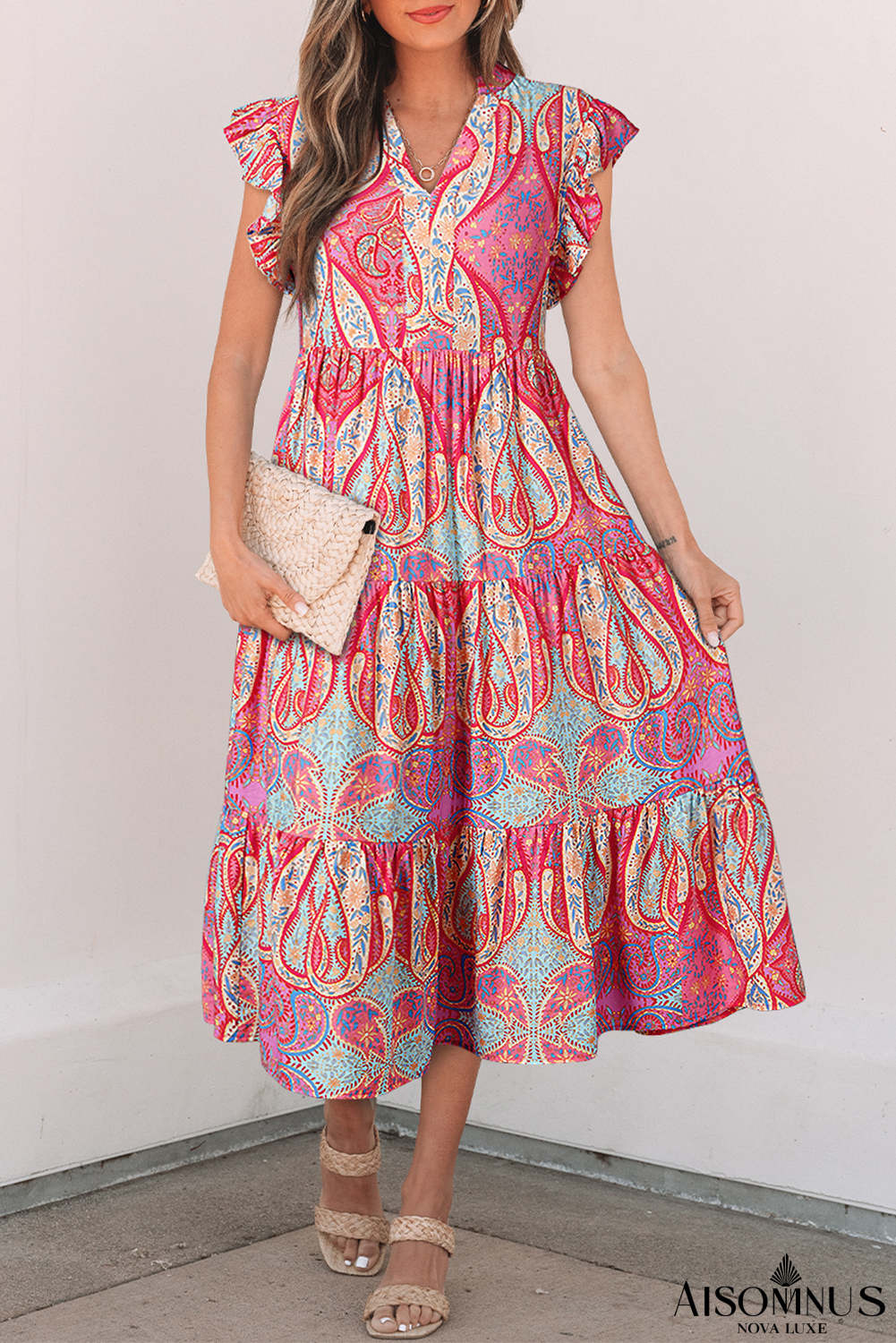 Rose Ethnic Paisley Print Ruffle Sleeve Notch Neck Midi Dress