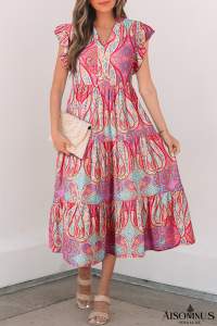 Rose Ethnic Paisley Print Ruffle Sleeve Notch Neck Midi Dress