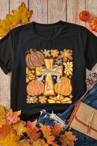 Black Thanksgiving Pray Cross Pumpkin Graphic Cotton Blend Tee