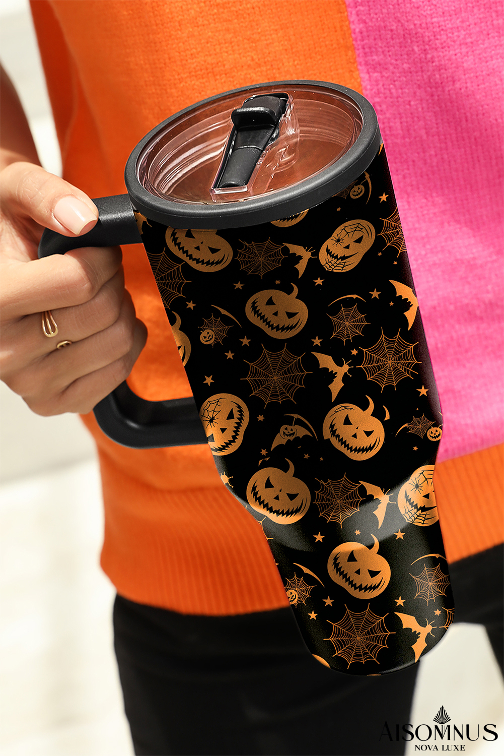 Black Halloween Pumpkin Travel Tumbler Cup