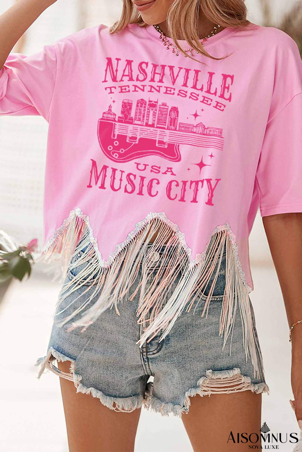 Pink NASHVILLE MUSIC CITY Graphic Sequin Fringed Hem Tee