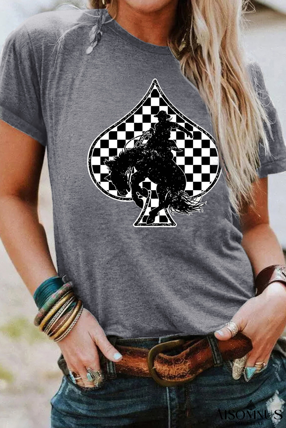 Gray Rodeo Checkered Spade Western Graphic T Shirt